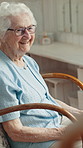 Wellness, happiness and old woman in house with glasses, positive attitude or chill on weekend break. Laugh, satisfaction or senior person in home with specs, optimism or free time in retirement.
