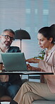 Meeting, laptop and team with business people in office for budget, discussion and planning. Collaboration, revenue report and broker advisor with employees for account portfolio and online proposal