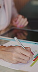 Writing, tablet and hands of business woman in office for investor report, research and data. Portfolio graph, planning and budget proposal with employee in agency for account, online and project
