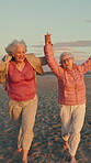 Beach, old women and holding hands on holiday, freedom and happiness for reunion on summer adventure. Outdoor, friends and elderly people with smile on vacation, laugh and travel together on getaway