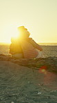Hug, beach and old women with vacation, back and retirement with tropical island. Ocean, friends and senior people with summer holiday, weekend break and embrace for relationship, love and reunion