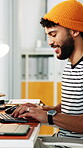 Reading, typing and man with planning in creative agency, narrative draft or writing character dialogue. Review, tech or script writer with scene revision for plot development, smile or editing story