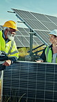 Conversation, solar panels and team of technicians on farm for maintenance, repairs or installation. Renewable energy, collaboration and engineers with photovoltaic cells or electrical grid outdoor.