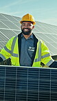 Face, man and engineer outdoor with solar panel, renewable energy and pride for sustainability project. Happy, person and technician with photovoltaic system, power generator and hard hat for safety.