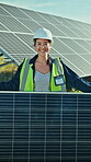 Face, woman and technician outdoor with solar panel, renewable energy and sustainability project. Happy, female person and engineer with photovoltaic system, power generator and hard hat for safety.