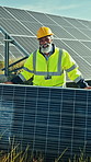 Face, solar panel or black man in nature, engineering for renewable energy, smile or safety. Mature person, power generator or employee with grid system, ecology project or supervisor for maintenance