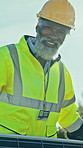 Solar panel, face or black engineer on site with smile, pride and experience in sustainable power. Tech, mature man or technician with photovoltaic grid, ambition or career in green energy industry.