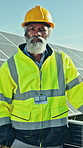 Solar panel, face or black technician on site with pride, career or experience in sustainable power. Tech, mature man or engineer with PV grid, ambition or confidence in renewable energy industry.