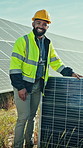 Happy, solar panels and face of technician on farm for maintenance, repairs or installation. Renewable energy, smile and portrait of male engineer with photovoltaic cells or electrical grid outdoor.