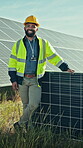 Face, man and technician outdoor with solar panel, renewable energy or sustainability for power grid. Happy, person and engineer with photovoltaic system, maintenance or helmet for safety inspection.