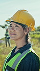Happy woman, thinking and engineer with hard hat in nature for solar power or eco friendly future. Thoughtful, female person or technician contemplating with smile for alternative energy or growth