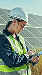 Tablet, woman and engineer by solar panels outdoor for planning, maintenance or repairs. Renewable energy, digital technology and sustainable technician with inspection of photovoltaic cells on farm.