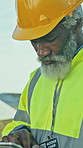 Tablet, man and technician by solar panels outdoor for planning, maintenance or repairs. Renewable energy, technology and mature sustainable engineer with inspection of photovoltaic cells on farm.