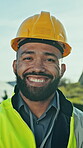 Engineer, face or man on worksite with ppe, pride and experience in solar panel generation. Happy, hardhat or technician outdoor with portrait, ambition or career in sustainable energy industry.