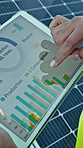 Person, hands or tablet screen with solar power production for photovoltaic, statistics or review. Closeup, analyst and scrolling with technology display, graph or chart for renewable energy or app