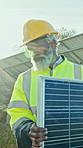 Solar panel, black man and engineer in nature for clean energy, grid or system maintenance. Photovoltaic worker, mature person or carry cell outdoor for electricity generation, green power or install