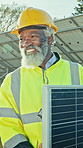 Green energy, black man and engineer with solar panel, carry or system maintenance in nature. Photovoltaic worker, mature person and install outdoor for electricity generation, clean power or smile