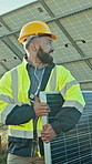 Clean energy, man and engineer with solar panel, carry or system maintenance in nature. Photovoltaic worker, happy person and installation outdoor for electricity generation, green power or talking