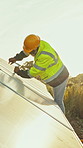 Tools, man and maintenance with solar panels in field for renewable energy, electricity and sustainability. Mature, engineer and photovoltaic farm for inspection, eco friendly power system and flare