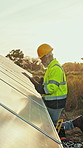 Tablet, man and inspection with solar panels in field for renewable energy, electricity and sustainability. Mature, engineer and photovoltaic farm for maintenance, eco friendly power system and tech