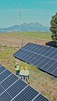 Solar panel, above or people on site with tablet, structure maintenance or inspection in project management. Teamwork, ppe or engineers with tech, grid progress or checklist in photovoltaic review.