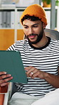 Smile, business and man with tablet in office for research, editing article and review newsletter. Happy, male person and digital for proofreading, copywriting report and submission with draft update