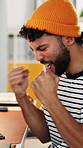 Reading, excited and man with fist pump in creative agency, ads engagement goal and campaign success. Celebrate, achievement or marketer with good news for project, smile or target audience increase
