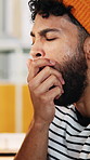 Creative, man and yawn in office with burnout, fatigue or sleepless from marketing campaign stress. Tired, person and overworked in advertising agency with branding challenge, issue or boring project