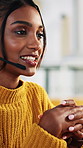 Happy woman, agent and talking with headset in office for communication or online advice. Female person, consultant or speaking with smile or mic for virtual assistance, web support or help in agency