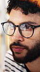 Review, glasses or man in office with computer, draft edit or source feedback for article. Specs, person or journalist in agency with tech, blog fact check or industry research for publication.