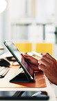 Person, hands and drawing with tablet in office for web design, idea or sketching draft. Closeup, creative agency and designer with digital pen, tech and project development for logo or branding
