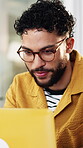 Reading, laptop and man with fist pump in creative agency, ads engagement goal or campaign success. Celebrate, achievement or happy marketer with good news for project, pc or target audience increase