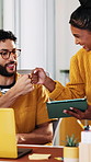 People, team and fist bump with success at office with goals, celebration or tech at startup company. Man, woman and happy with motivation, tablet and laptop for project management at creative agency