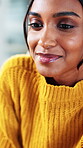 Woman, thinking and smile in office for editor, article planning and reading with source. Professional, journalist person and idea with creative agency for schedule, story feedback and contact
