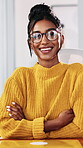 Marketing, face or Indian woman in office with arms crossed, pride or job goals in advertisement agency. Laugh, career or branding director with glasses, confidence or experience as media planner.