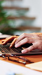 Hands, business and person with laptop in office for research, editing article and newsletter. Journalist, typing and pc for proofreading headline, copywriting report and submission with draft update