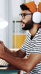 Headphones, video call and businessman in office with online meeting for creative project. Professional, talking and male magazine editor on virtual discussion with audio tech at startup agency.