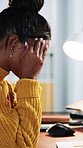 Tired, headache and businesswoman in office with burnout for creative project with deadline. Exhaustion, stress and female magazine editor with migraine and fatigue for article publishing at agency.