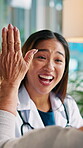 Happy woman, doctor and high five with patient in hospital, healthcare and celebration for good news. Laughing, medical professional and talk with senior person in clinic, success or positive results