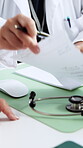 Doctor, writing and note with hands of woman in office for prescription, medical advice and notepad. Healthcare, medicine dosage and script form with person in clinic for consulting and referral