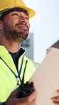 Outdoor, architect and man with clipboard, thinking and plan for property development or real estate. City, civil engineer and happy person with checklist for site inspection, flare and architecture