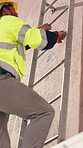 Climbing, technician and man on ladder, outdoor and electrical maintenance on roof and installation. Building, electrician and person with helmet for safety, moving and service for ac repair on steps