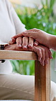 Hands, empathy and caregiver with senior woman for support, comfort and compassion. Retirement, garden and nurse with elderly patient for consulting, medical service and help in assisted living