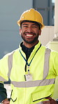 Face, engineering and man with smile, safety vest or career ambition for urban development. Person, professional or employee with humor, happiness or architecture for maintenance, laugh or renovation