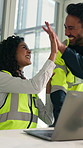 Architect, laptop and people with high five for design, floorplan and building success. Engineer, teamwork and workers with celebration for urban planning, approval and collaboration for project