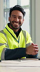 Face, architecture and man in office, smile and career ambition for urban development. Japanese person, professional or employee with happiness, renovation and engineering for maintenance or industry