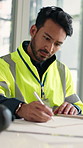 Architecture, writing and man on laptop for construction, floor plan and building project. Engineer, contractor and person on computer with paperwork for inspection, infrastructure and renovation