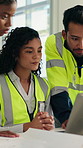 Architect, laptop and people with discussion for design, floorplan and building success. Engineer, teamwork and workers with meeting for urban planning, partnership and collaboration for project