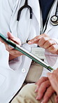 Hospital, doctor and hands with tablet for checkup, conversation or explaining diagnosis on website. Medical professional, online and talk with senior person, consultation and test results in clinic