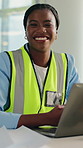 Architect, laptop and black woman with smile for design, floorplan and building renovation. Engineer, portrait and worker with tech for urban planning, blueprint and document for project management